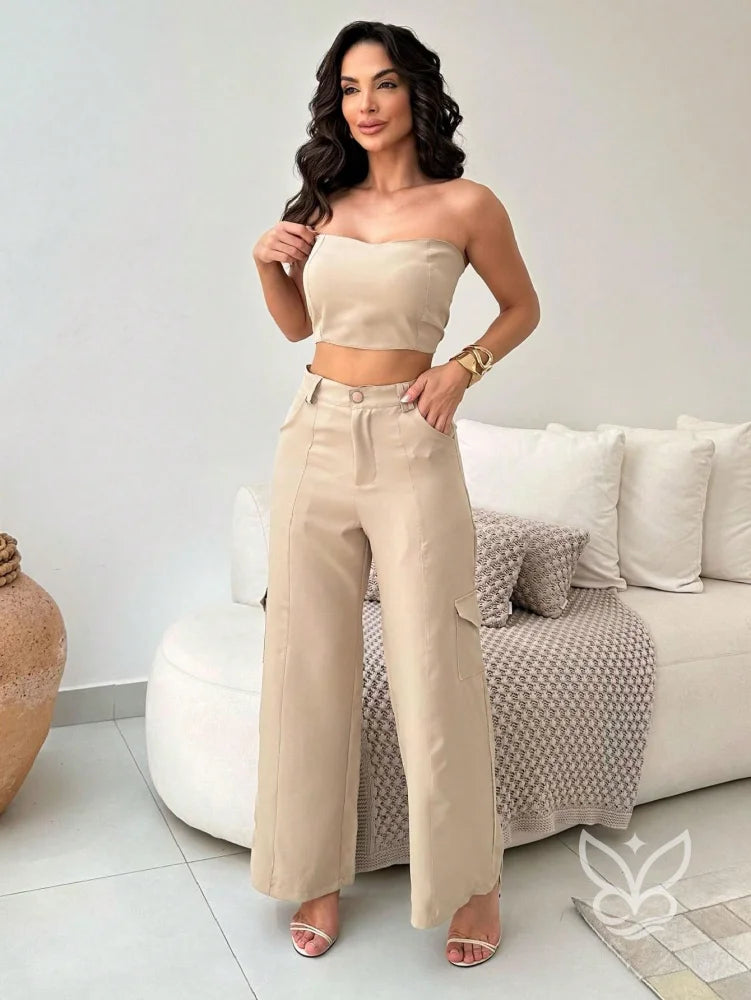 Conjunto Alfaiataria Com Top Tomara Que Caia E Calça Pantalona Flare Bege / PP Conjunto Alfaiataria Com Top Tomara Que