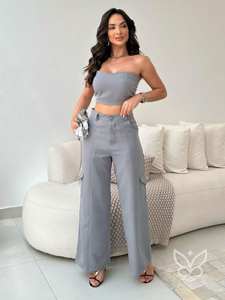 Conjunto Alfaiataria Com Top Tomara Que Caia E Calça Pantalona Flare Cinza / PP Conjunto Alfaiataria Com Top Tomara Que