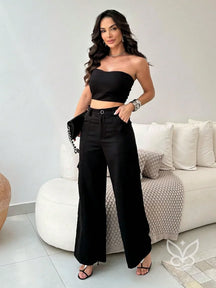 Conjunto Alfaiataria Com Top Tomara Que Caia E Calça Pantalona Flare Preto / PP Conjunto Alfaiataria Com Top Tomara Que