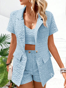 Conjunto Alfaiataria Texturizado Com Blazer Curto E Top Azul Bebê / PP Conjunto Alfaiataria Texturizado Com Blazer