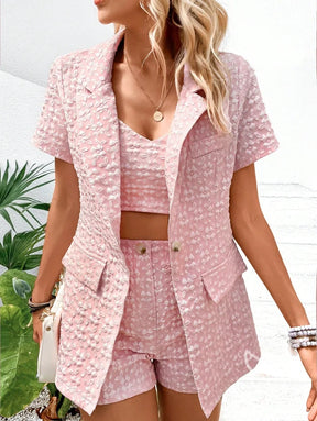 Conjunto Alfaiataria Texturizado Com Blazer Curto E Top Rosa Chiclete / PP Conjunto Alfaiataria Texturizado Com Blazer