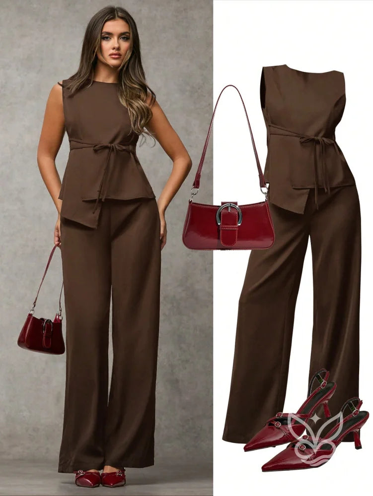 Conjunto Blazer Colete Assimétrico E Calça Social Café / PP Conjunto Blazer Colete Assimétrico E Calça Social