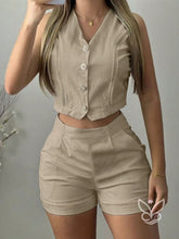 Conjunto Blusa Botões Frente E Shorts Confortável Caqui / PP Conjunto Blusa Botões Frente E Shorts Confortável
