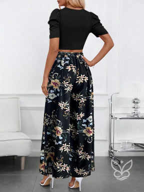 Conjunto Blusa Bufante Manga Longa E Calça Pantalona Estampada Conjunto Blusa Bufante Manga Longa E Calça Pantalona
