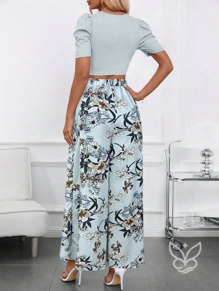 Conjunto Blusa Bufante Manga Longa E Calça Pantalona Estampada Conjunto Blusa Bufante Manga Longa E Calça Pantalona