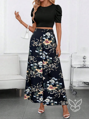 Conjunto Blusa Bufante Manga Longa E Calça Pantalona Estampada Conjunto Blusa Bufante Manga Longa E Calça Pantalona