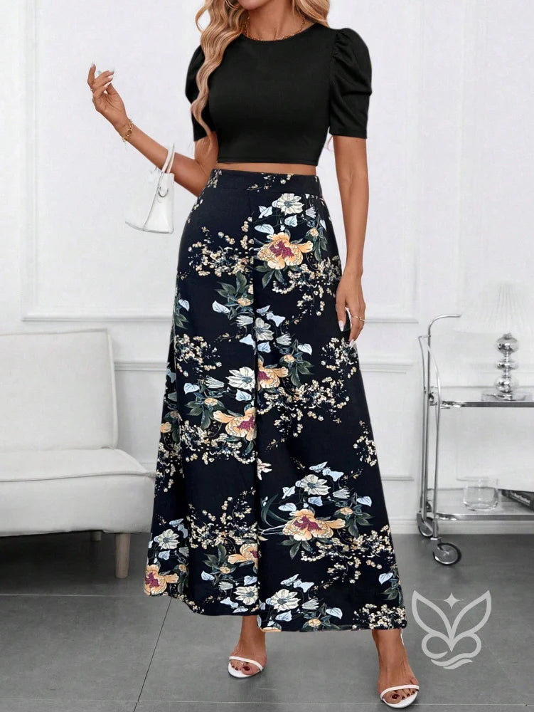 Conjunto Blusa Bufante Manga Longa E Calça Pantalona Estampada Conjunto Blusa Bufante Manga Longa E Calça Pantalona