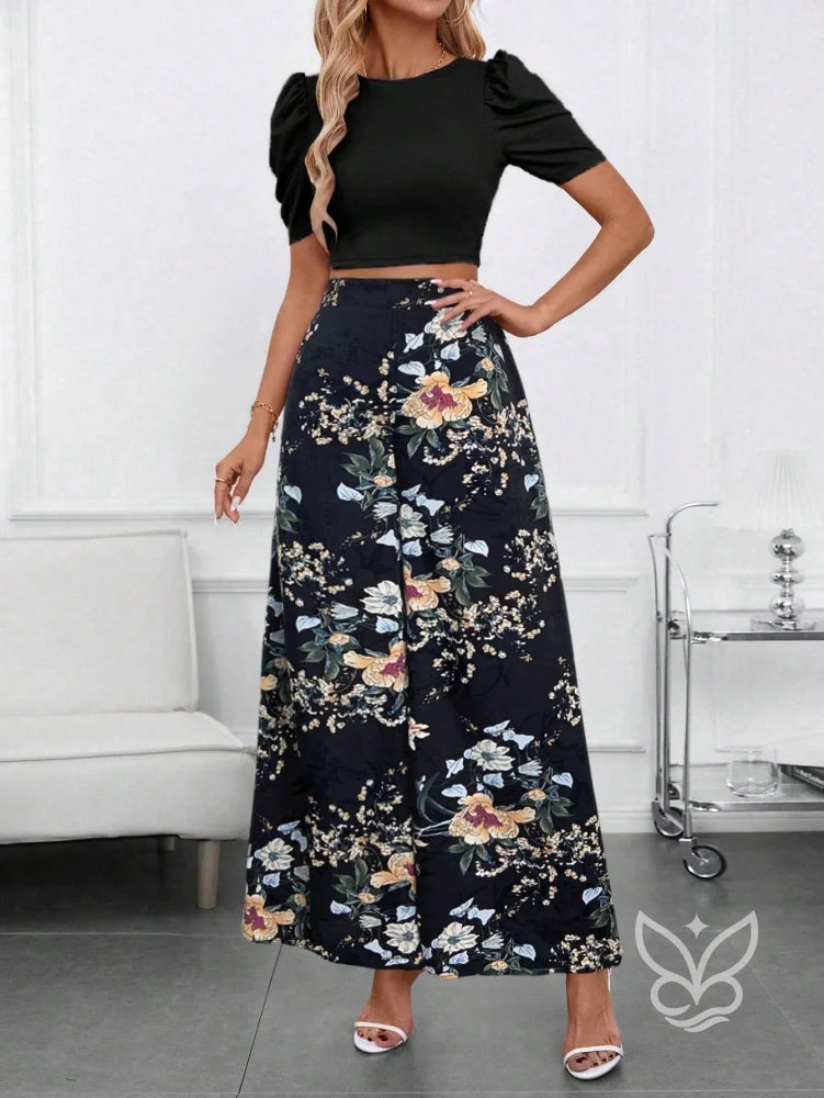 Conjunto Blusa Bufante Manga Longa E Calça Pantalona Estampada Conjunto Blusa Bufante Manga Longa E Calça Pantalona