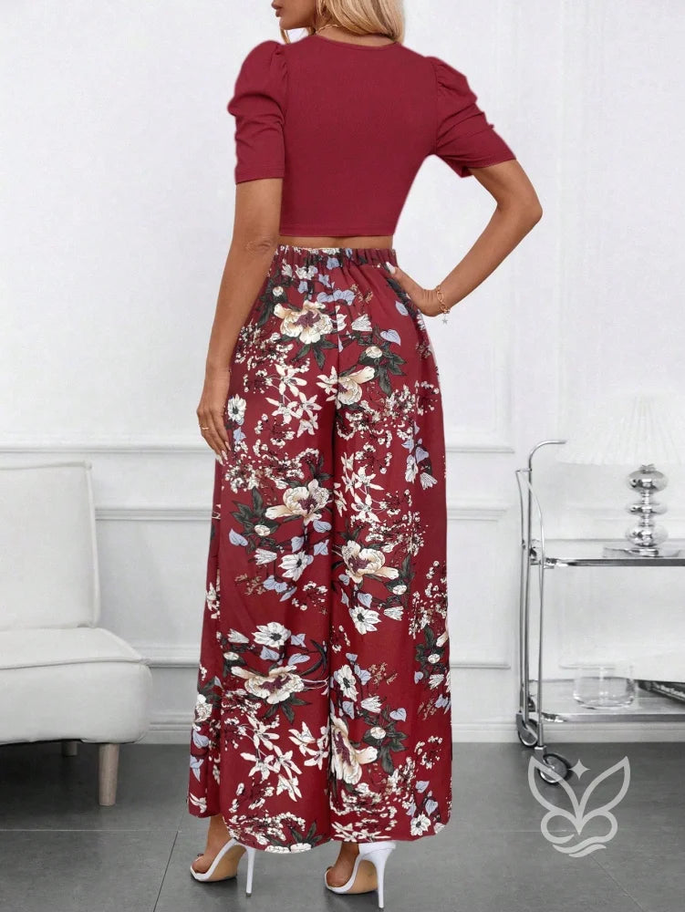 Conjunto Blusa Bufante Manga Longa E Calça Pantalona Estampada Conjunto Blusa Bufante Manga Longa E Calça Pantalona