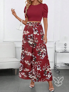 Conjunto Blusa Bufante Manga Longa E Calça Pantalona Estampada Conjunto Blusa Bufante Manga Longa E Calça Pantalona