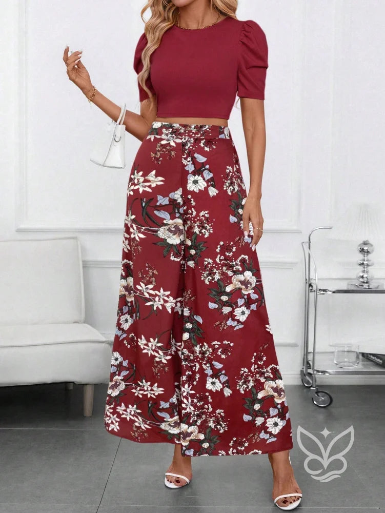 Conjunto Blusa Bufante Manga Longa E Calça Pantalona Estampada Conjunto Blusa Bufante Manga Longa E Calça Pantalona