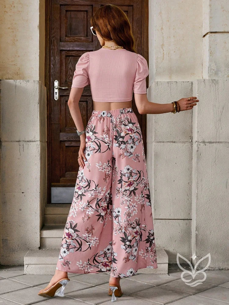 Conjunto Blusa Bufante Manga Longa E Calça Pantalona Estampada Conjunto Blusa Bufante Manga Longa E Calça Pantalona