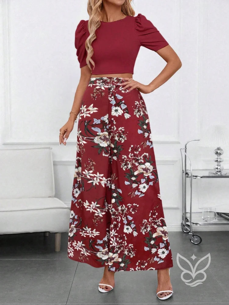 Conjunto Blusa Bufante Manga Longa E Calça Pantalona Estampada Conjunto Blusa Bufante Manga Longa E Calça Pantalona