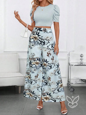 Conjunto Blusa Bufante Manga Longa E Calça Pantalona Estampada Conjunto Blusa Bufante Manga Longa E Calça Pantalona