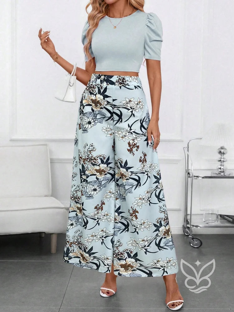Conjunto Blusa Bufante Manga Longa E Calça Pantalona Estampada Conjunto Blusa Bufante Manga Longa E Calça Pantalona