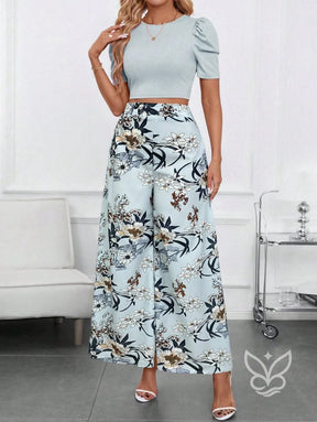 Conjunto Blusa Bufante Manga Longa E Calça Pantalona Estampada Azul / PP Conjunto Blusa Bufante Manga Longa E Calça