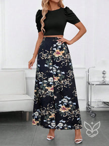 Conjunto Blusa Bufante Manga Longa E Calça Pantalona Estampada Preto / PP Conjunto Blusa Bufante Manga Longa E Calça
