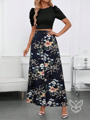 Conjunto Blusa Bufante Manga Longa E Calça Pantalona Estampada Preto / PP Conjunto Blusa Bufante Manga Longa E Calça