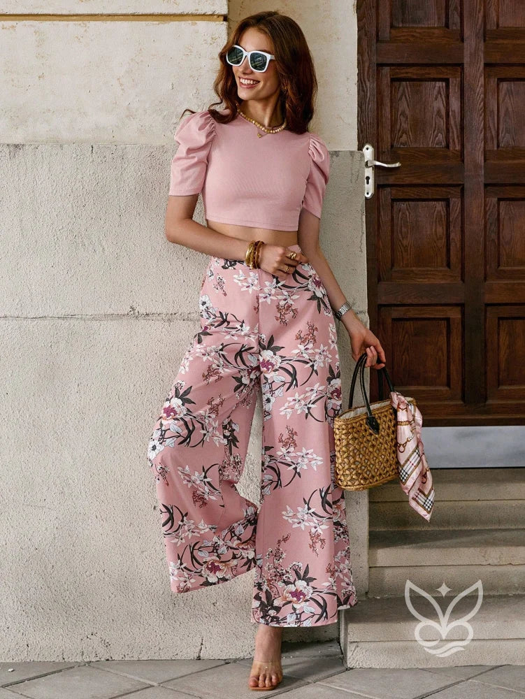 Conjunto Blusa Bufante Manga Longa E Calça Pantalona Estampada Rosa Chiclete / PP Conjunto Blusa Bufante Manga Longa E