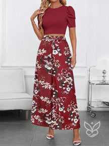 Conjunto Blusa Bufante Manga Longa E Calça Pantalona Estampada Vinho / PP Conjunto Blusa Bufante Manga Longa E Calça