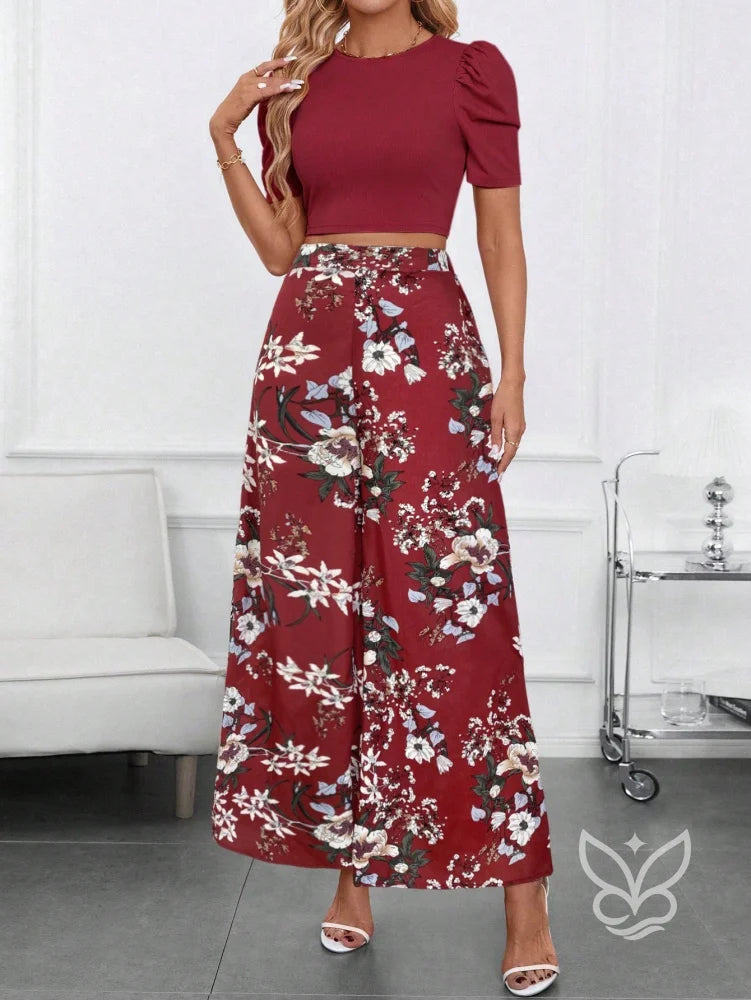 Conjunto Blusa Bufante Manga Longa E Calça Pantalona Estampada Vinho / PP Conjunto Blusa Bufante Manga Longa E Calça