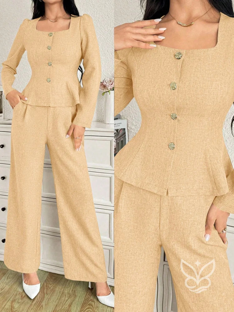 Conjunto Blusa Decote Quadrado Com Botões E Calça Reta Amarela / PP Conjunto Blusa Decote Quadrado Com Botões E Calça