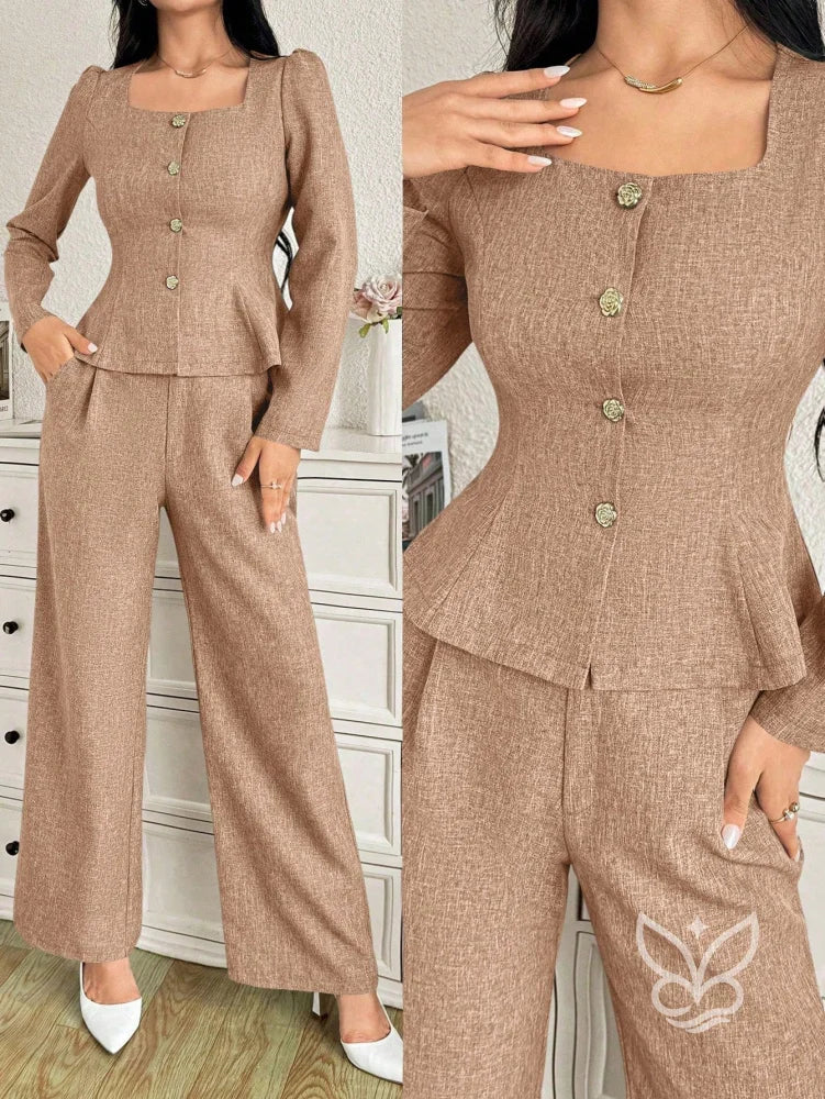 Conjunto Blusa Decote Quadrado Com Botões E Calça Reta Caqui / PP Conjunto Blusa Decote Quadrado Com Botões E Calça Reta