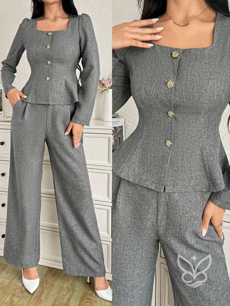 Conjunto Blusa Decote Quadrado Com Botões E Calça Reta Cinza / PP Conjunto Blusa Decote Quadrado Com Botões E Calça Reta