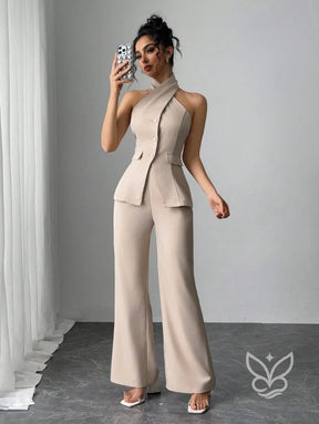 Conjunto Blusa Gola Alta Com Botões E Calça Pantalona Damasco / PP Conjunto Blusa Gola Alta Com Botões E Calça Pantalona