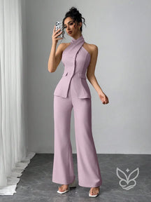 Conjunto Blusa Gola Alta Com Botões E Calça Pantalona Roxo / PP Conjunto Blusa Gola Alta Com Botões E Calça Pantalona