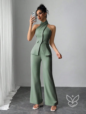 Conjunto Blusa Gola Alta Com Botões E Calça Pantalona Verde Menta / PP Conjunto Blusa Gola Alta Com Botões E Calça
