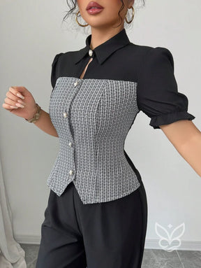 Conjunto Blusa Manga Bufante Com Colete Xadrez E Calça Pantalona Conjunto Blusa Manga Bufante Com Colete Xadrez E Calça