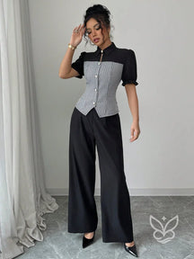 Conjunto Blusa Manga Bufante Com Colete Xadrez E Calça Pantalona Preto / PP Conjunto Blusa Manga Bufante Com Colete