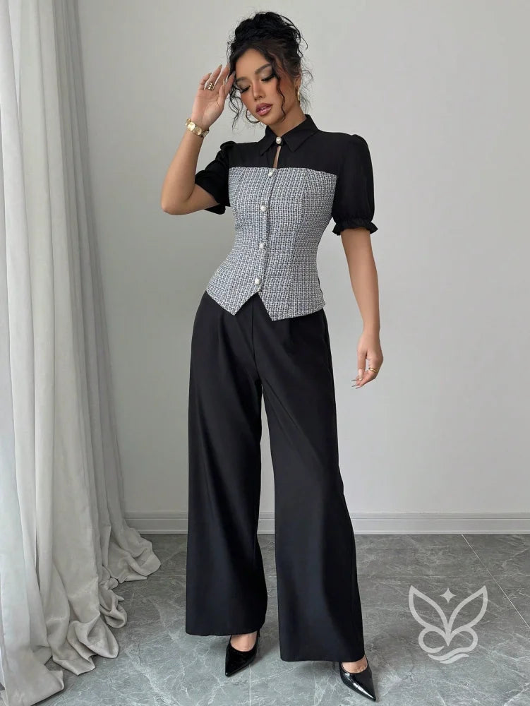 Conjunto Blusa Manga Bufante Com Colete Xadrez E Calça Pantalona Preto / PP Conjunto Blusa Manga Bufante Com Colete