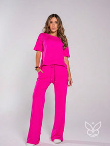 Conjunto Blusa Manga Curta Com Calça Flare Rosa Pink / P Conjunto Blusa Manga Curta Com Calça Flare