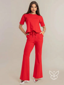 Conjunto Blusa Manga Curta Com Calça Flare Vermelho / P Conjunto Blusa Manga Curta Com Calça Flare