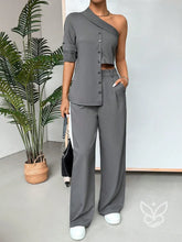 Conjunto Blusa Ombro Único E Calça Longa Cinza / PP Conjunto Blusa Ombro Único E Calça Longa