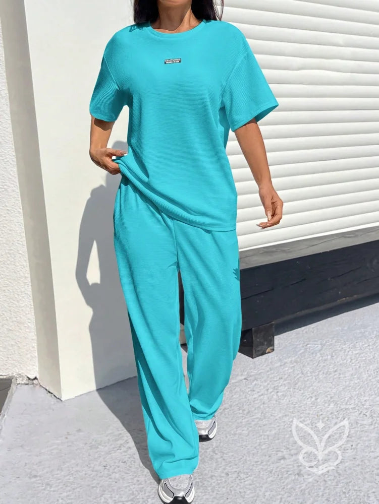 Conjunto Blusa Texturizada Solta E Calça Pantalona Azul / PP Conjunto Blusa Texturizada Solta E Calça Pantalona