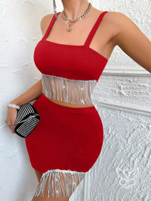 Conjunto Cami Com Franjas E Saia Bodycon Vermelho / PP Conjunto Cami Com Franjas E Saia Bodycon