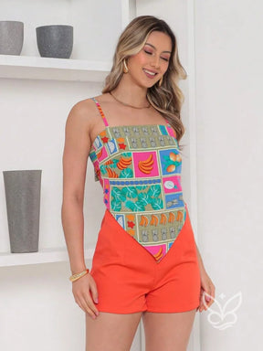 Conjunto Camisa Amarração Nas Costas E Shorts Com Zíper Conjunto Camisa Amarração Nas Costas E Shorts Com Zíper