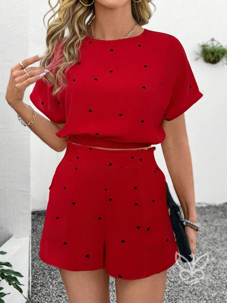 Conjunto Camisa Estampada Com Shorts Solto Vermelho / PP Conjunto Camisa Estampada Com Shorts Solto