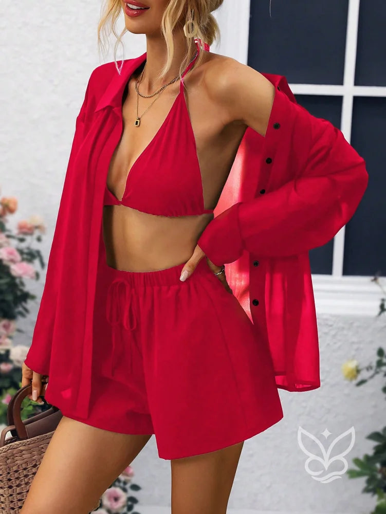 Conjunto Camisa Fluida com Top Cortininha e Short Casual Conjunto Camisa Fluida com Top Cortininha e Short Casual