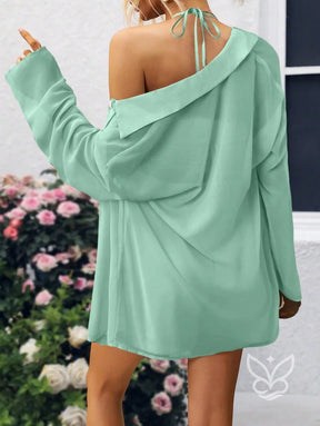 Conjunto Camisa Fluida com Top Cortininha e Short Casual Conjunto Camisa Fluida com Top Cortininha e Short Casual