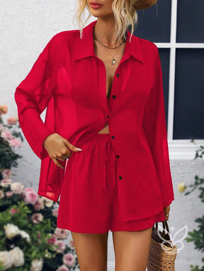 Conjunto Camisa Fluida com Top Cortininha e Short Casual Conjunto Camisa Fluida com Top Cortininha e Short Casual