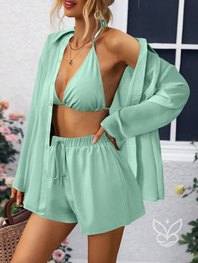 Conjunto Camisa Fluida com Top Cortininha e Short Casual Conjunto Camisa Fluida com Top Cortininha e Short Casual