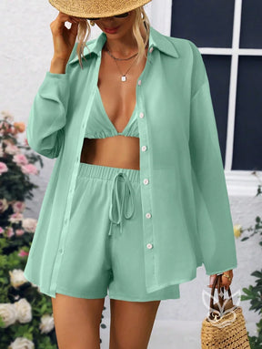 Conjunto Camisa Fluida com Top Cortininha e Short Casual Verde Menta / PP Conjunto Camisa Fluida com Top Cortininha e