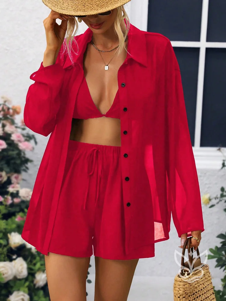 Conjunto Camisa Fluida com Top Cortininha e Short Casual Vermelho / PP Conjunto Camisa Fluida com Top Cortininha e