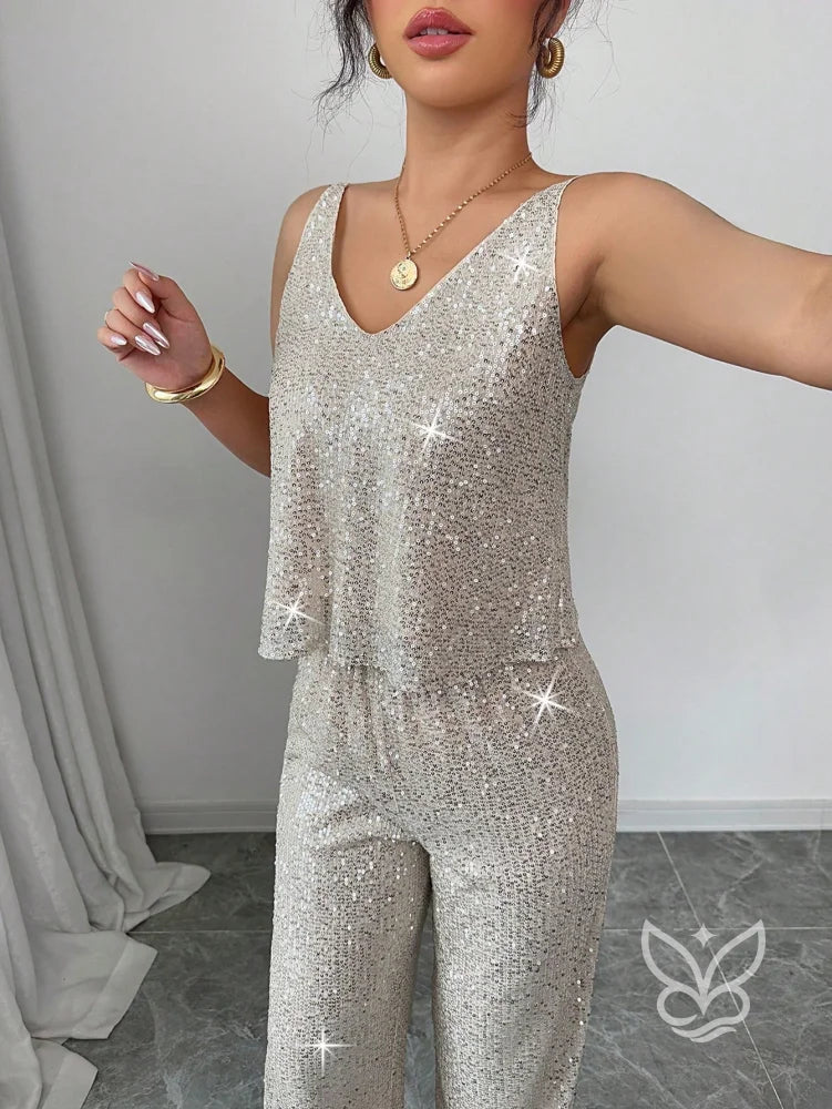 Conjunto Camisola Brilhante De Alça Fina E Calça Pantalona Brilhante Conjunto Camisola Brilhante De Alça Fina E Calça