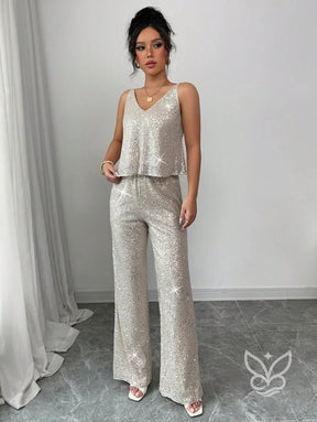 Conjunto Camisola Brilhante De Alça Fina E Calça Pantalona Brilhante Conjunto Camisola Brilhante De Alça Fina E Calça