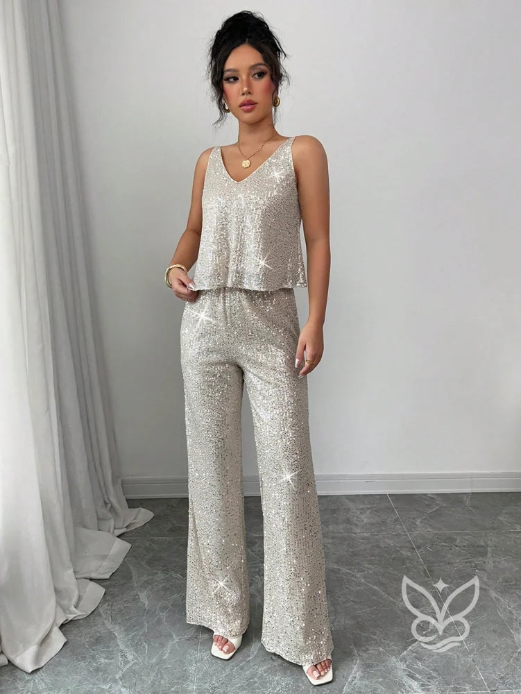 Conjunto Camisola Brilhante De Alça Fina E Calça Pantalona Brilhante Conjunto Camisola Brilhante De Alça Fina E Calça